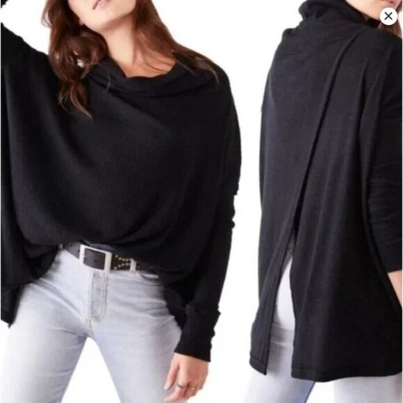 Free People Black Open Back Juicy Long Sleeve Thermal Cowl Neck Top Medium New - Picture 1 of 13